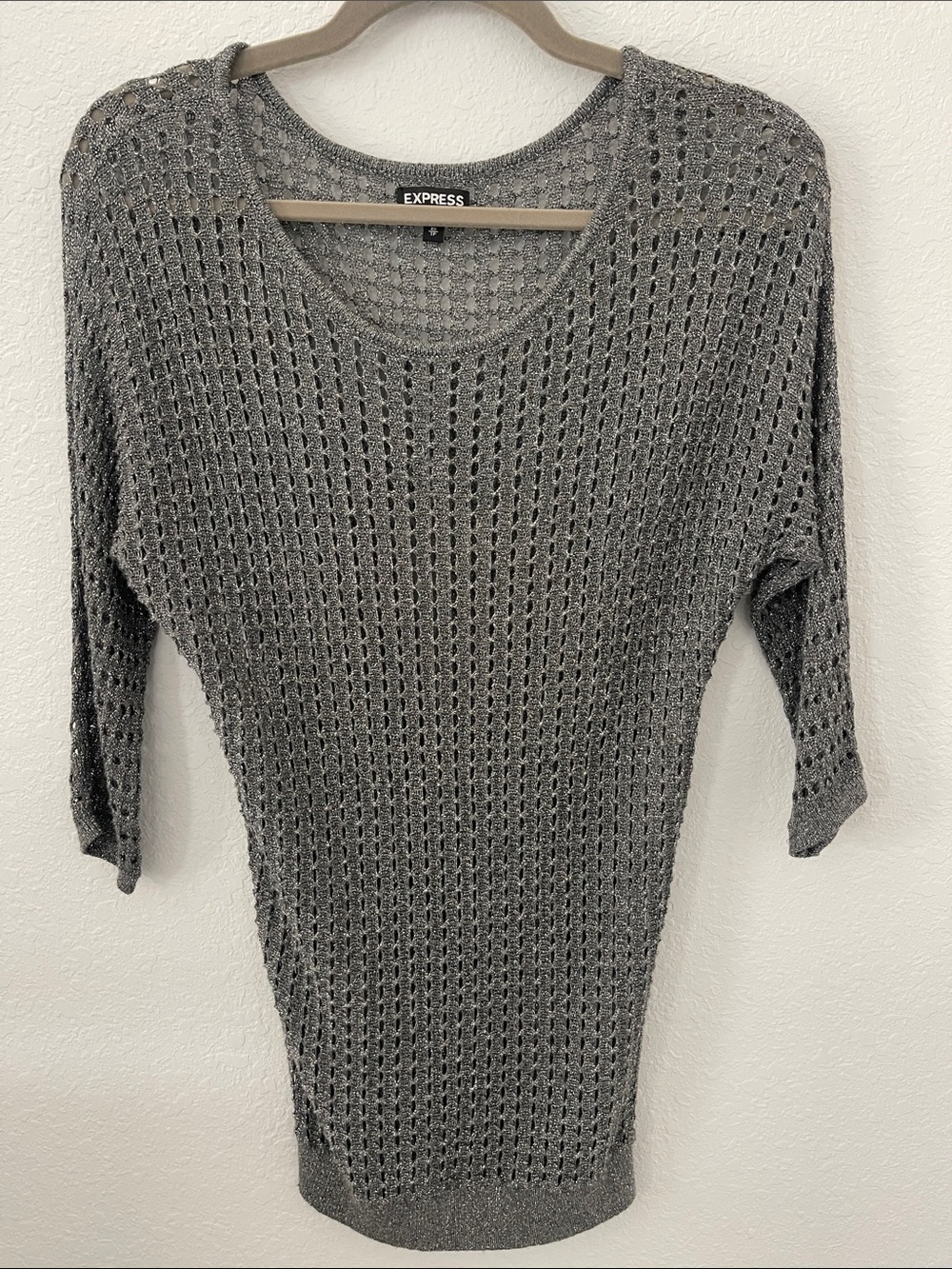 Express Women's Gray Open-Weave Scoop Neck Sweater With Silver Metallic Thread